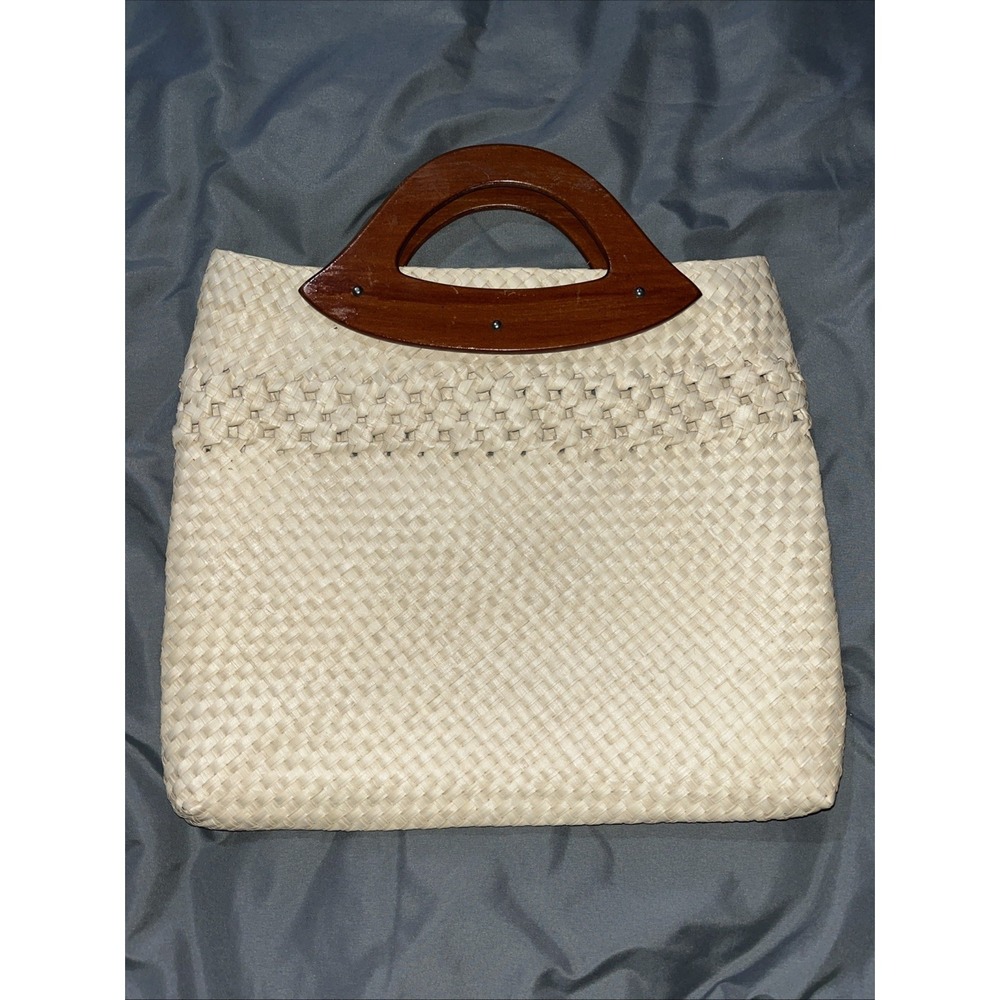 Boho Chic Vacation Handbag Wooden Handle Straw Woven‎ Purse Zip Closure Spacious